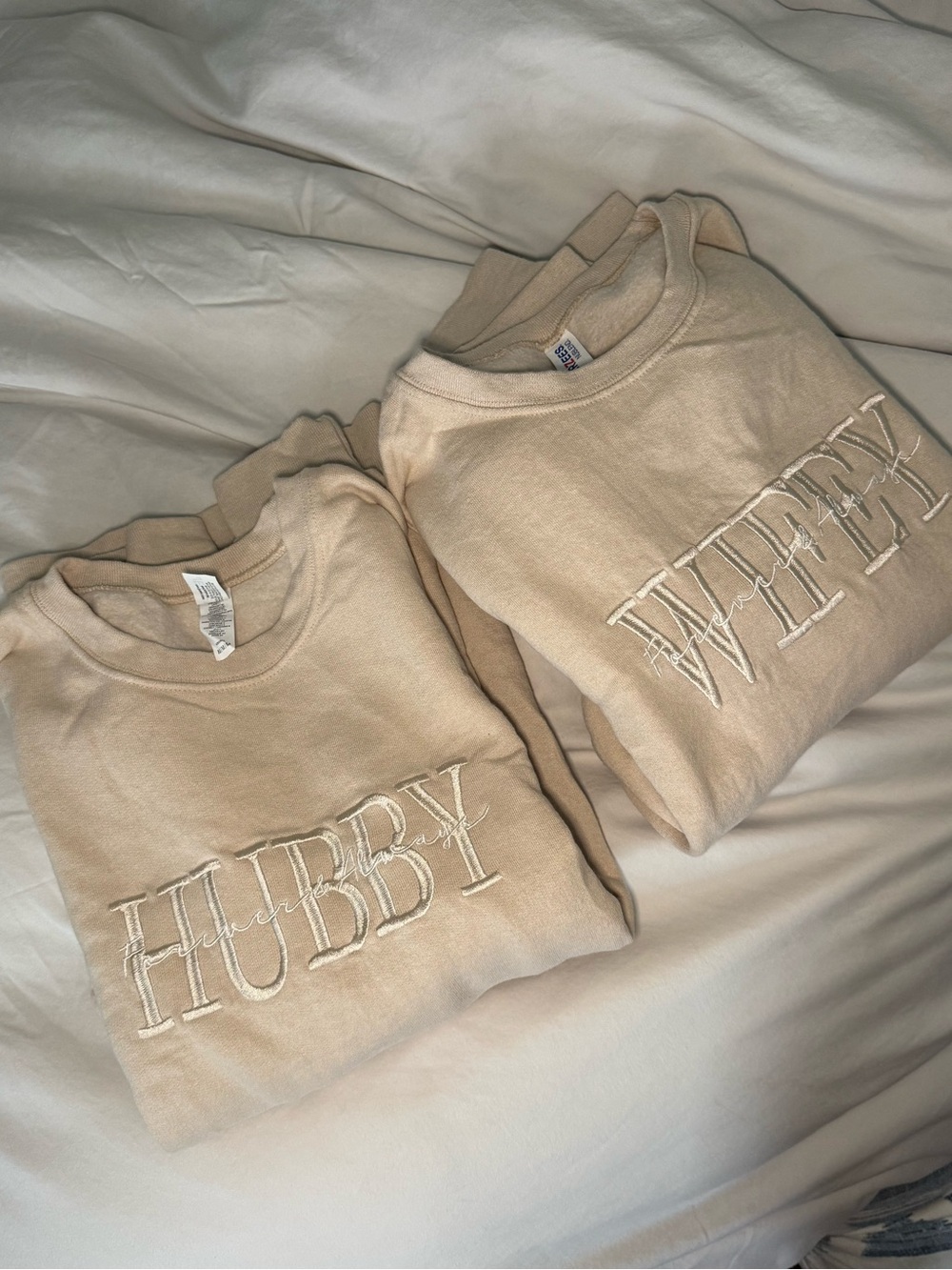 Matching 'Hubby' and 'Wifey' Beige Crewneck Sweatshirts